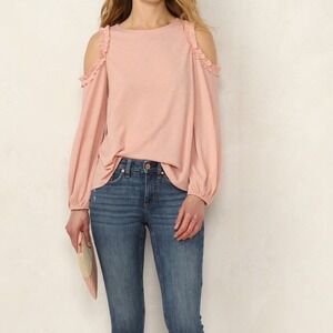 LC Lauren Conrad Cold Shoulder Blouse Womens M Peach Ruffle Textured Long Sleeve